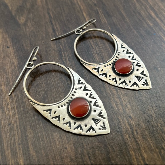 Sterling Silver 925 Handmade Carnelian Gemstone Earrings - Boho Ethnic Triangle - Picture 6 of 8